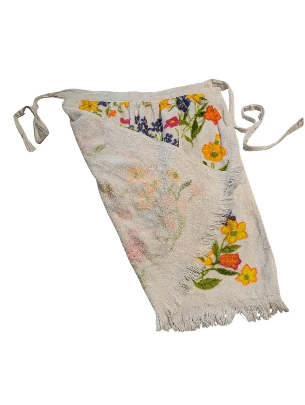 Vintage Terrycloth Floral Apron 1970s Bright Daisy Kitchen Half Apron Fringe